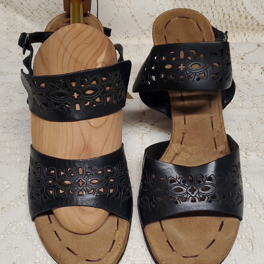 Franco Sarto Black Laser-Cut Double Strap Wedge Sandals (Gently Used)